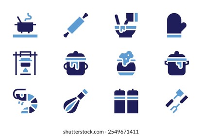 Cooking icon set. Bold style. Duotone colors. cooking pot, mixed, rolling pin, pot, cauldron, whisk, cook, salt and pepper, shrimp.