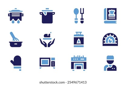 Cooking icon set. Bold style. Duotone colors. cook, oven, recipe book, cooking pot, cooking, spoon, microwave oven, gas, chef, baking, kitchen.