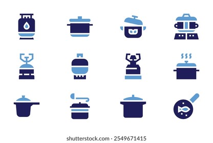 Cooking icon set. Bold style. Duotone colors. cooking pot, pot, camping gas, food, frying pan, gas, gas bottle, saucepan.