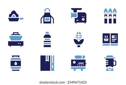 Cooking icon set. Bold style. Duotone colors. cooking oil, meat grinder, apron, corn, frying pan, cooking pot, toaster, bottle, recipe.