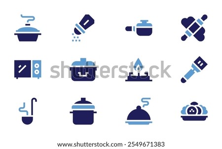 Cooking icon set. Bold style. Duotone colors. salver, cooking pot, microwave, salt, ladle, boiling, stove, knead, cook, cooking.