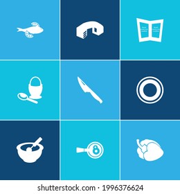 Cooking icon set and breakfast with knife, fish and cooking bowl. Dish related cooking icon vector for web UI logo design.