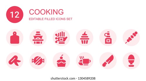 cooking icon set. Collection of 12 filled cooking icons included Cutting board, Grill, Wired gloves, Cupcake, Oil bottle, Knife, Barbecue grill, Meal, Brochette, Boiled egg