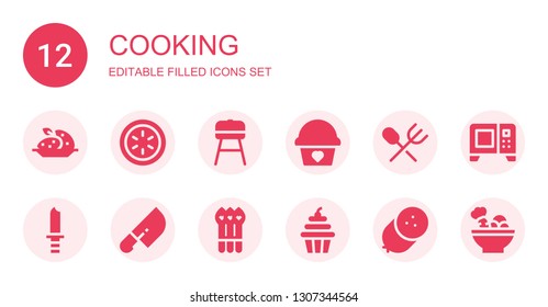 cooking icon set. Collection of 12 filled cooking icons included Potato, Cucumber, Barbecue, Cupcake, Cutlery, Knife, Asparagus, Sausage, Microwave, Salad