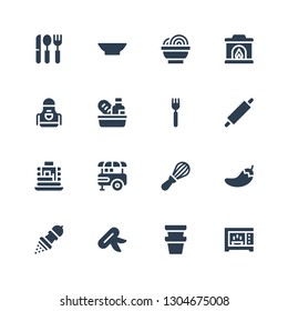 cooking icon set. Collection of 16 filled cooking icons included Microwave, Pot, Knife, Pepper, Chili, Mixer, Food stand, Pancakes, Rolling pin, Fork, Food, Apron, Fireplace, Bowl