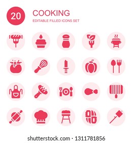 cooking icon set. Collection of 20 filled cooking icons included Sausage, Cupcake, Salt, Salad, Grill, Cauldron, Mixer, Knife, Pepper, Cutlery, Apron, Dinner, Chicken leg, Rolling pin