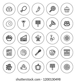 Cooking icon set. collection of 25 outline cooking icons with bbq grill, boiled, chili, cupcake, cutlery, food stand, food, frying pan, eggs, kappa icons. editable icons.