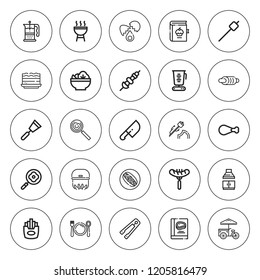 Cooking icon set. collection of 25 outline cooking icons with bbq, blender, chicken leg, brownie, food, fries, frying pan, egg, knife, french press icons. editable icons.