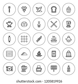 Cooking icon set. collection of 25 outline cooking icons with apron, bbq, bread, blender, chili, cupcake, dishes, food, grater, fork, grill, drumstick icons. editable icons.