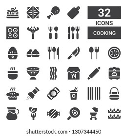 cooking icon set. Collection of 32 filled cooking icons included Eggs, Barbecue, Fried egg, Barbecue grill, Salad, Pot, Cauldron, Bacon, Noodles, Strainer, Pepper, Pie, Rice cooker
