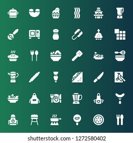 cooking icon set. Collection of 36 filled cooking icons included Cutlery, Cucumber, Sausage, Frying pan, Barbecue, Apron, Blender, Dinner, Salad, Chop, Knife, Sandwich, Pastry bag