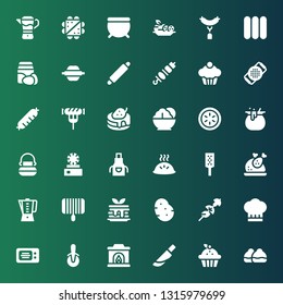 cooking icon set. Collection of 36 filled cooking icons included Bun, Cupcake, Knife, Fireplace, Pizza cutter, Microwave, Chef, Skewer, Potato, Pancake, Grill, Beater, Turkey