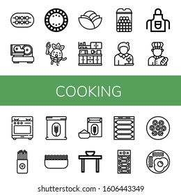 cooking icon set. Collection of Shish kebab, Slicer, Plate, Eating, Cabbage, Kitchen, Cheese balls, Waitress, Apron, Baker, Stove, Salty, Flour, Minced meat, Dinner table icons