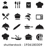 Cooking icon set. contain chef hat, oven, Hand holding food tray, Pot, Frying pan and Kitchen utensils. Cooking recipe book and more, Vector illustration