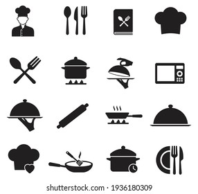 Cooking icon set. contain chef hat, oven, Hand holding food tray, Pot, Frying pan and Kitchen utensils. Cooking recipe book and more, Vector illustration - Shutterstock ID 1936180309
