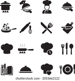 Cooking icon set. contain chef hat, oven, Hand holding food tray, Pot, Frying pan and Kitchen utensils. Cooking recipe book and more, Vector illustration