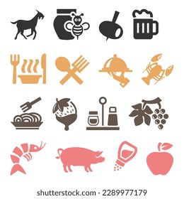 Cooking icon set. contain chef hat, oven, hand holding food tray, pot, frying pan and kitchen set.