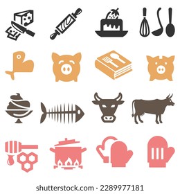 Cooking icon set. contain chef hat, oven, hand holding food tray, pot, frying pan and kitchen set.