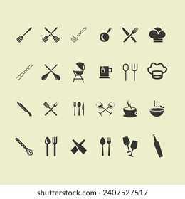 Cooking icon set. contain chef hat, oven, Hand holding food tray, Pot, Frying pan and Kitchen utensils.