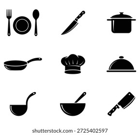 Symbolsatz für das Kochen. Enthalten Kochmütze, Esstisch, Topf, Pfanne, Teller, Messer, Löffel. Vektorgrafik.