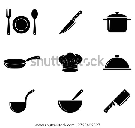 Cooking icon set. Contain chef hat, Food tray, Pot, Frying pan, Plate, Knife, Spoon. Vector illustration.