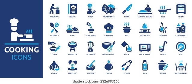 Cooking icon set. Containing chef, recipe, restaurant, ingredients, cook, knife, cutting board, pan and oven icons. Solid icon collection. Vector illustration.