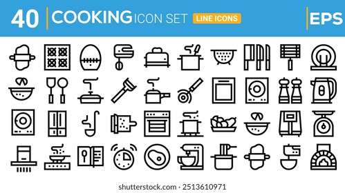 Conjunto de iconos de cocina. Contiene chef, receta, restaurante, ingredientes, cocinero, cuchillo, tabla de cortar, pan e iconos del horno. Colección de iconos sólidos. Ilustración vectorial.