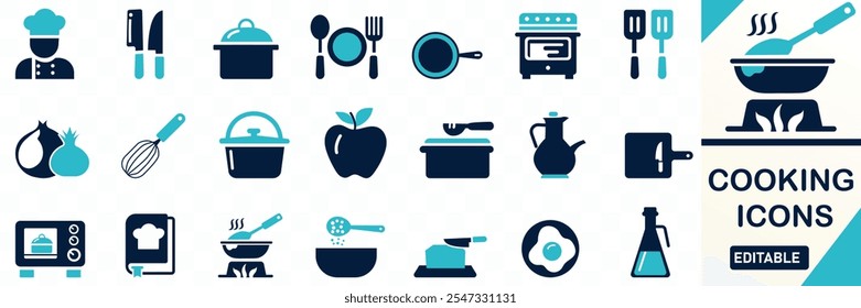 Conjunto de iconos de cocina que contiene cocinero, cuchillo, tabla de cortar, sartén Iconos planos sólidos del vector colección 