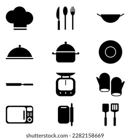 Cooking icon set. contains a chef's hat, oven, measuring tool, plate, knife, chef's gloves, pots, pans and kitchen utensils. flour grinder, cutlery and more, vector illustration