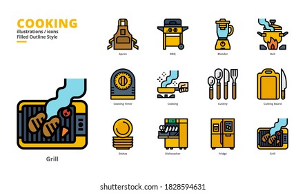 Juego de iconos de cocina para medios digitales y medios de impresión.