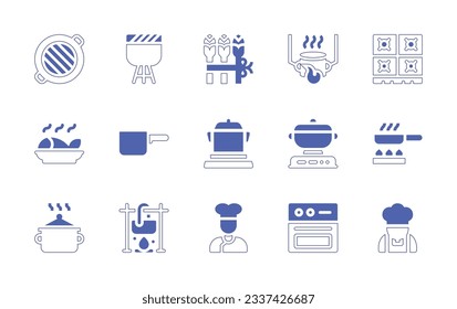 Cooking icon set. Duotone style line stroke and bold. Vector illustration. Containing grill, barbecue, asparagus, robots, cook, fish, pot, cooking, frying pan, chef, oven.