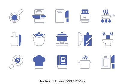 Symbol für Kochen eingestellt. Duotone Stil Linie Strich und fett. Vektorgrafik. Einschließlich Pfanne, Kochen, Gas, Pappe, Topf, Schneidbrett, heißer Topf, Ei, Koch-Hut, Kochbuch.