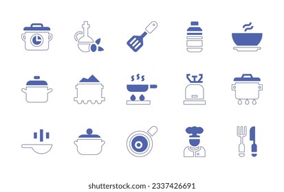 Cooking icon set. Duotone style line stroke and bold. Vector illustration. Containing cooking time, olive oil, turner, oil, soup, pot, coal, frying pan, camping gas, cooking, cook.