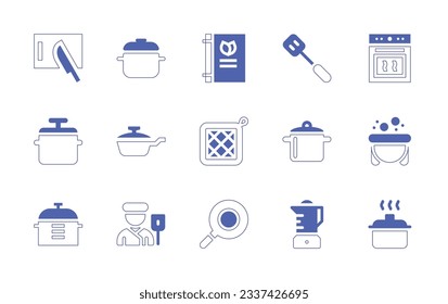 Cooking icon set. Duotone style line stroke and bold. Vector illustration. Containing cutting board, pot, recipe book, spatula, bake, cooking pot, cook, saucepan, chef, pan, blender.