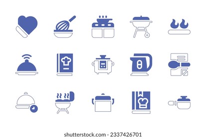 Cooking icon set. Duotone style line stroke and bold. Vector illustration. Containing gloves, baking, kitchen pack, barbacue, fire, salver, cook book, robot, electric kettle, cooking, lunch time, bbq.