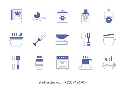 Cooking icon set. Duotone style line stroke and bold. Vector illustration. Containing cook book, pan, cooking time, olive oil, pot, kitchen pack, spoon, boiling, tools, gas, oven, cooker.