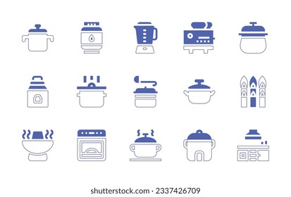 Cooking icon set. Duotone style line stroke and bold. Vector illustration. Containing cooking pot, bottle, blender, toaster, express pot, coal, pan, food, asparagus, hot pot, oven, rice cooker.