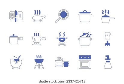 Cooking icon set. Duotone style line stroke and bold. Vector illustration. Containing cooking, frying pan, non stick, pot, pan, cooking pot, bbq, blender, cauldron, barbecue, cooking stove, oil bottle