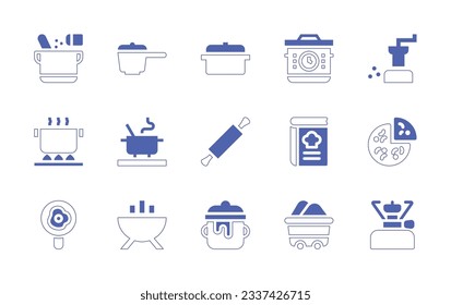 Cooking icon set. Duotone style line stroke and bold. Vector illustration. Containing cooking, cooking time, pepper grinder, cooking pot, rolling pin, cook book, pizza, fried egg, outdoor meal, pot.