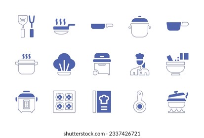 Cooking icon set. Duotone style line stroke and bold. Vector illustration. Containing cooking utensils, pan, pot, pot, chef, grill, cook, cooking, rice cooker, stove, recipe book.