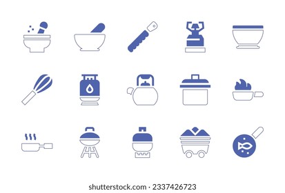 Cooking icon set. Duotone style line stroke and bold. Vector illustration. Containing mortar, kitchen pack, knife, camping gas, bowl, whisk, gas bottle, kettle, pot, cooking, frying pan, barbacue.