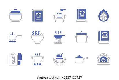 Juego de iconos de cocina. Curso de línea de estilo duotónico y negrita. Ilustración vectorial. Con tazón, libro de recetas, olla, libro, quemadura, cocina, sopa, sartén, cocinero, paquete de cocina, horno.