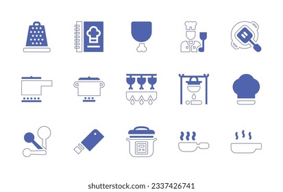 Cooking icon set. Duotone style line stroke and bold. Vector illustration. Containing cheese grater, cook book, cooked chicken, chef, kitchen, pot, cooking, chef hat, measuring spoons, knife.