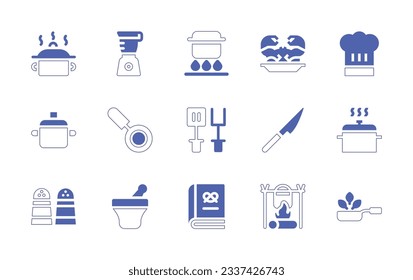 Cooking icon set. Duotone style line stroke and bold. Vector illustration. Containing cooking, mixer blender, pot, crab, chef hat, fry, spatula, kitchen pack, salt and pepper, mortar, recipe book.