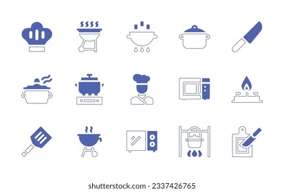 Cooking icon set. Duotone style line stroke and bold. Vector illustration. Containing chef hat, grill, cook, cooking pot, knife, pot, cooking, chef, microwave oven, stove, spatula, barbecue.