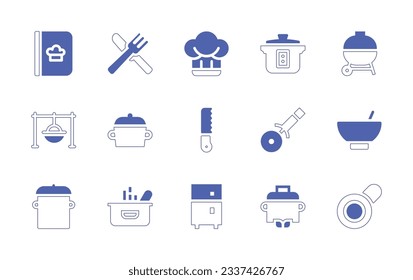Cooking icon set. Duotone style line stroke and bold. Vector illustration. Containing recipes, knife and fork, hat, rice cooker, barbecue, cooking, kitchen pack, bread knife, pizza cutter, bowl, pot.