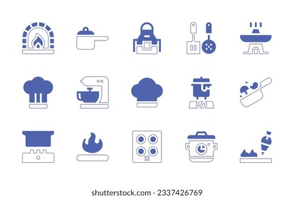 Cooking icon set. Duotone style line stroke and bold. Vector illustration. Containing cook, pot, apron, skimmers, hot pot, chef, mixer, cook hat, cooking, fire, stove, cooking time.