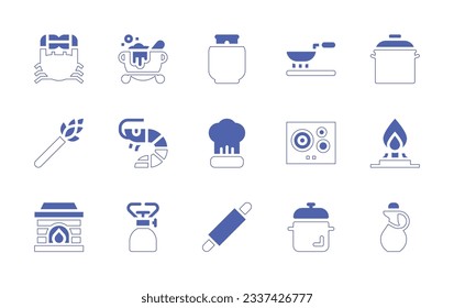 Cooking icon set. Duotone style line stroke and bold. Vector illustration. Containing crab, magic pot, gas, cook, pot, asparagus, shrimp, cooking, electric stove, gas stove, stone oven, camping gas.