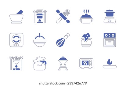 Cooking icon set. Duotone style line stroke and bold. Vector illustration. Containing mortar, cook, cooking, cooking pot, electric stove, pot, whisk, cauldron, oven, barbacue, microwave oven, fire.