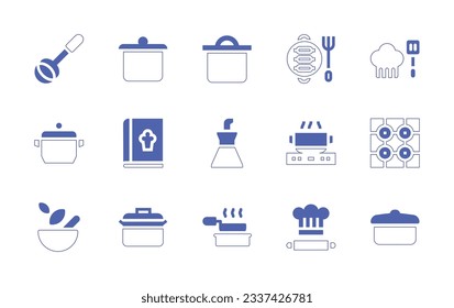 Cooking icon set. Duotone style line stroke and bold. Vector illustration. Containing ladle, cooking pot, cooking, saucepan, recipe book, oil, cooking stove, pestle, cook, pan.